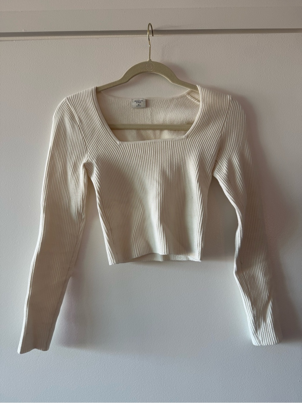 Abercrombie & Fitch Cream Ribbed Square-Neck Long Sleeve Top